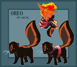 Size: 3121x2700 | Tagged: safe, artist:parrpitched, oc, oc only, oc:fireheart(fire), oc:oreo the skunk, bat pony, skunk, alternate universe, bat pony oc, clothes, cute, fireheart76's latex suit design, latex, pet, pet oc, prisoners of the moon, reference sheet, solo, vest