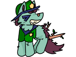 Size: 2160x1620 | Tagged: safe, artist:felixmcfurry, oc, oc only, oc:leafy trail, pony, badge, bandaid, bandaid on nose, cheek fluff, clothes, eyes closed, female, filly, filly oc, foal, hat, messy tail, park ranger, scruffy, simple background, simple shading, smiling, solo, stick, stick in tail, tail, transparent background, wood