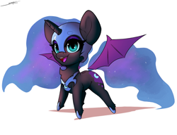 Size: 3000x2300 | Tagged: safe, artist:skitsroom, nightmare moon, alicorn, bat pony, bat pony alicorn, pony, g4, backwards cutie mark, bat ponified, bat wings, chibi, cute, ethereal mane, eyebrows, fangs, female, floating wings, helmet, high res, hoof shoes, horn, jewelry, mare, moonabetes, open mouth, open smile, race swap, regalia, shadow, signature, simple background, smiling, solo, spread wings, starry mane, white background, wings