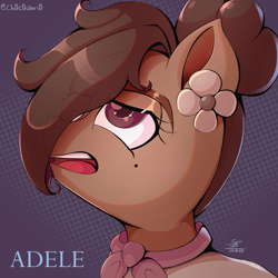 Size: 3805x3805 | Tagged: safe, artist:ch0c0sauri0, oc, oc only, pony, abstract background, artfight, beauty mark, big eyes, bow, bust, colored, colored pinnae, colored pupils, dark skin, detailed, ears up, eyebrows, eyebrows visible through hair, eyelashes, eyeshadow, fanart, female, grayscale, hair bow, hat, highlights, long hair, long mane, looking at someone, looking back, looking up, makeup, mare, mole, monochrome, open mouth, open smile, original art, ponytail, portrait, redraw, shading, signature, smiling, solo