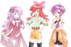 Size: 2684x1776 | Tagged: safe, artist:sangyu90178, apple bloom, scootaloo, sweetie belle, human, g4, anime style, bandaid, belt, blushing, clothes, cutie mark crusaders, dress, female, fingerless gloves, gloves, hand on hip, humanized, jacket, long socks, looking at you, open mouth, shirt, shorts, simple background, smiling, smiling at you, socks, tank top, thigh highs, trio, trio female, white background