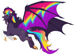 Size: 3867x2847 | Tagged: safe, artist:nocti-draws, oc, oc only, oc:retro rave, bat pony, pony, artfight, bat pony oc, coat markings, colored eyelashes, colored hooves, colored muzzle, colored wings, facial markings, female, female oc, flying, gift art, gold hooves, hair accessory, hairclip, hooves, large wings, looking back, magenta eyelashes, mane accessory, mare, mare oc, multicolored eyes, multicolored hair, multicolored mane, multicolored tail, multicolored wings, no mouth, pixel-crisp art, profile, purple coat, rainbow hair, rainbow tail, raised hooves, shiny hooves, shiny mane, shiny tail, simple background, snip (coat marking), socks (coat markings), solo, sparkly mane, sparkly tail, sparkly wings, spread wings, tail, three toned eyes, transparent background, wall of tags, wing markings, wings