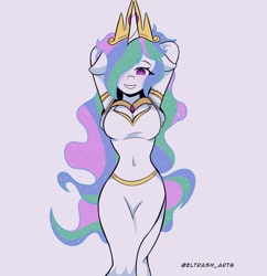 Size: 1984x2048 | Tagged: safe, artist:eltrash_art6, princess celestia, alicorn, anthro, g4, arm behind head, blushing, breasts, busty princess celestia, cleavage, clothes, dress, female, floppy ears, grin, high res, side slit, smiling, solo, wingless, wingless anthro