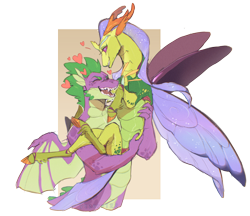 Size: 2730x2355 | Tagged: safe, artist:yozora122, spike, thorax, changedling, changeling, dragon, g4, adult, adult spike, cloven hooves, duo, duo male, gay, gigachad spike, holding a changeling, king thorax, male, older, older spike, ship:thoraxspike, shipping, winged spike, wings