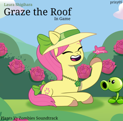 Size: 1194x1168 | Tagged: safe, artist:edy_january, artist:prixy05, editor:edy_january, posey bloom, earth pony, pony, g5, my little pony: tell your tale, adoraposey, album, album cover, cute, field, flower, graze the roof (song), hat, laura shigihara, music, parody, peashooter, plant, plants vs zombies, ponytail, reference, solo, song, song reference, soundtrack, youtube, youtube link