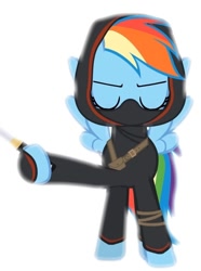 Size: 622x836 | Tagged: safe, artist:agrol, edit, rainbow dash, pegasus, pony, tales of adventurers, g4, cropped, dagger, hood, katana, kunai, ninja, ninja dash, simple background, solo, sword, weapon, white background