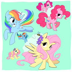 Size: 2500x2500 | Tagged: safe, artist:syrupyyy, fluttershy, pinkie pie, rainbow dash, bee, earth pony, insect, pegasus, pony, g4, backwards cutie mark, blush sticker, blushing, cute, dashabetes, diapinkes, female, flower, flower in hair, flying, green background, mare, no iris, shyabetes, simple background, sitting, spread wings, stock vector, trio, trio female, wings