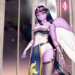 Size: 3000x3000 | Tagged: safe, artist:wraith148, twilight sparkle, alicorn, anthro, g4, bracer, breasts, clothes, colored wings, fantasy class, female, high res, leg band, looking at you, multicolored wings, scabbard, socks, solo, spread wings, sword, thigh highs, twilight sparkle (alicorn), weapon, wings, wizard