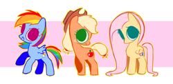 Size: 3334x1624 | Tagged: safe, artist:syrupyyy, applejack, fluttershy, rainbow dash, earth pony, pegasus, pony, g4, applejack's hat, chibi, cowboy hat, cute, dashabetes, female, freckles, hat, jackabetes, looking at you, mare, no catchlights, no pupils, raised hoof, raised leg, shyabetes, smiling, smiling at you, tail, trio, trio female, watermark