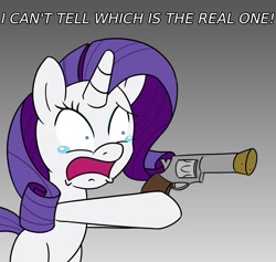 Size: 950x900 | Tagged: safe, artist:unitxxvii, rarity, pony, unicorn, g4, crying, dialogue, female, frown, gradient background, hoof hold, horn, mare, missing cutie mark, open mouth, pop gun, solo, teary eyes