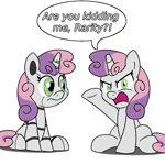 Size: 900x900 | Tagged: safe, artist:unitxxvii, sweetie belle, pony, robot, robot pony, unicorn, g4, angry, dialogue, duality, duo, duo female, female, filly, foal, frown, furrowed brow, horn, implied rarity, open mouth, robot ponidox, self paradox, self ponidox, simple background, sitting, speech bubble, sweetie bot, talking to viewer, white background