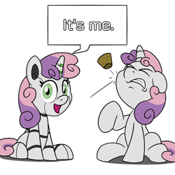 Size: 900x900 | Tagged: safe, artist:unitxxvii, sweetie belle, pony, robot, robot pony, unicorn, g4, cork, dialogue, duality, duo, duo female, eyes closed, female, filly, foal, gritted teeth, horn, implied rarity, looking at you, open mouth, open smile, robot ponidox, self paradox, self ponidox, simple background, sitting, smiling, smiling at you, speech bubble, sweetie bot, teeth, white background