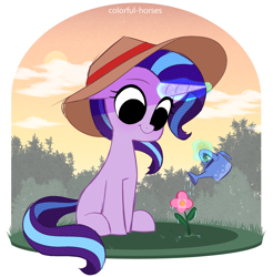 Size: 2295x2335 | Tagged: safe, artist:syrupyyy, starlight glimmer, pony, unicorn, g4, :t, cottagecore, cute, female, flower, garden, gardening, glimmerbetes, glowing, glowing horn, hat, high res, horn, levitation, looking at something, magic, magic aura, mare, missing cutie mark, no catchlights, no pupils, outdoors, sitting, smiling, solo, sun hat, tail, telekinesis, watering, watering can