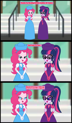 Size: 1920x3240 | Tagged: safe, artist:cartoonmasterv3, pinkie pie, sci-twi, twilight sparkle, human, undead, zombie, equestria girls, g4, breaking the fourth wall, british, clothes, comic, dress, duo, duo female, female, fourth wall, infected, long dress, long skirt, skirt