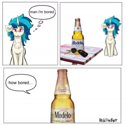 Size: 2124x2124 | Tagged: safe, artist:reddthebat, dj pon-3, vinyl scratch, pony, unicorn, g4, beer bottle, bottle, chest fluff, comic, drunk driving, ear fluff, female, floppy ears, horn, implied drunk driving, man i'm so hungry / how hungry, mare, meme, role reversal, signature, simple background, solo, speech bubble, thought bubble, white background