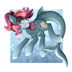 Size: 2048x2048 | Tagged: safe, artist:puggie, oc, oc only, hybrid, merpony, original species, shark, shark pony, g4, artfight, bubble, crepuscular rays, cute, digital art, dorsal fin, female, fin, fins, fish tail, flowing mane, flowing tail, happy, high res, lidded eyes, looking at you, makeup, male, mare, necklace, ocean, orange eyes, passepartout, pink mane, scales, seashell necklace, seaweed, shark tail, shark teeth, signature, smiling, smiling at you, solo, sparkles, sunlight, swimming, tail, underwater, water