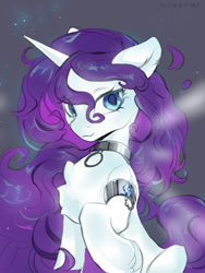 Size: 1200x1600 | Tagged: safe, artist:laymy, rarity, pony, unicorn, g4, alternate hairstyle, arm band, chest fluff, collar, draw this in your style, female, gray background, horn, looking at you, loose hair, mare, raised hoof, signature, simple background, sitting, solo