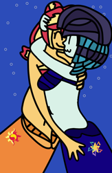 Size: 650x1000 | Tagged: safe, artist:jadeharmony, coloratura, sunset shimmer, mermaid, equestria girls, g4, bra, bubble, cute, duo, duo female, eyes closed, female, fish tail, flowing mane, hand on hip, holding each other, hug, kissing, looking at each other, looking at someone, mermaid tail, mermaidized, ocean, seashell, seashell bra, sexy, ship:raraset, smiling, smiling at each other, species swap, swimming, tail, underwater, water