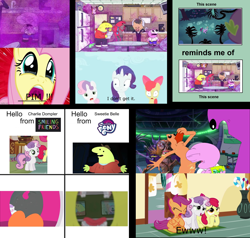 Size: 3740x3561 | Tagged: safe, edit, edited screencap, screencap, apple bloom, fluttershy, rarity, scootaloo, spike, sweetie belle, twilight sparkle, alicorn, alien, butterfly, dragon, earth pony, human, humanoid, pegasus, pony, unicorn, call of the cutie, castle mane-ia, g4, princess twilight sparkle (episode), season 1, season 2, season 4, sisterhooves social, stare master, the cutie mark chronicles, alcohol, allan red, awww, beanbag chair, beer, beer can, black vine, charlie dompler, chugging, clock, close-up, clothes, coffee machine, cough, coughing, creature, crying, cup, cute, cutie mark crusaders, damaged, disgusted, drink, drinking, dust, eww, ewww!!!, female, flying, gas, glep, hat, helicopter, hello yoshi from super mario, hoodie, horn, jason (smiling friends), looking at each other, looking at someone, male, mare, meme, microwave, mr. boss, necktie, open mouth, party, pim pimling, poison vine, purple dust, reaction, reaction image, refrigerator, screaming, shocked, sink, sisterhooves social (awkwardness), smiling friends, space, spaceship, sparkles, sugarcube corner, table, teary eyes, teeth, television, this scene reminds me of this scene, tongue out, twilight sparkle (alicorn), ufo, uvula, varying degrees of want, zoom in, zoomed in