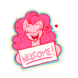 Size: 2000x2000 | Tagged: safe, artist:aer0 zer0, pinkie pie, earth pony, pony, g4, curly mane, eyes closed, female, happy, heart, hoof hold, hooves, open mouth, open smile, outline, pink mane, sign, simple background, smiling, solo, sticker design, transparent background, welcome sign