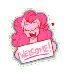 Size: 2000x2000 | Tagged: safe, artist:aer0 zer0, pinkie pie, earth pony, pony, g4, curly mane, eyes closed, happy, heart, hoof hold, hooves, open mouth, open smile, outline, pink mane, sign, simple background, smiling, solo, sticker design, transparent background, welcome sign