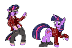 Size: 2450x1650 | Tagged: safe, alternate character, alternate version, artist:crimson-rune, twilight sparkle, human, pony, unicorn, g4, clothes, female, flannel, horn, human to pony, mare, shirt, simple background, solo, transformation, transparent background, unicorn twilight