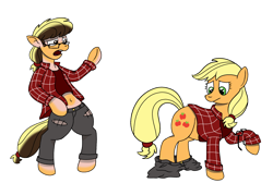 Size: 2450x1650 | Tagged: safe, alternate character, alternate version, artist:crimson-rune, applejack, earth pony, human, pony, g4, clothes, female, flannel, human to pony, mare, shirt, simple background, solo, transformation, transparent background