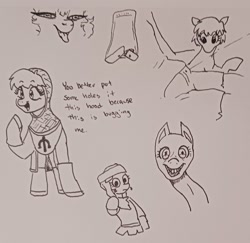 Size: 2048x1991 | Tagged: safe, artist:pony quarantine, oc, earth pony, pony, armor, creepy, creepy smile, dialogue, female, grayscale, grin, knight, looking at you, mare, monochrome, open mouth, open smile, pen drawing, sketch, sketch dump, smiling, smiling at you, traditional art