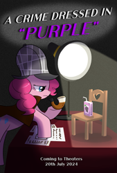 Size: 691x1024 | Tagged: safe, pinkie pie, earth pony, pony, elements of justice, g4, chair, deerstalker, detective, grape juice, hat, interrogation, juice, juice box, lamp, light, magnifying glass, pipe, poster, sherlock holmes, sherlock pie, solo, table, text, title, title card