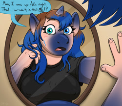 Size: 1280x1106 | Tagged: safe, artist:metallicumbrage, part of a set, princess luna, human, anthro, g4, female, human to anthro, mirror, solo, speech bubble, transformation