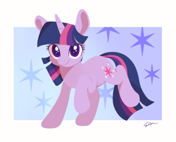 Size: 1480x1194 | Tagged: safe, artist:sion, twilight sparkle, pony, unicorn, g4, backwards cutie mark, colored pupils, cute, female, horn, looking at you, mare, passepartout, signature, smiling, smiling at you, solo, standing on two hooves, twiabetes, unicorn twilight