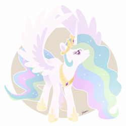 Size: 1300x1300 | Tagged: safe, artist:sion, princess celestia, alicorn, pony, g4, circle background, colored eyelashes, crown, eyelashes, female, hoof shoes, jewelry, lineless, looking at you, magenta eyelashes, mare, peytral, princess shoes, regalia, signature, simple background, smiling, smiling at you, solo, spread wings, tiara, white background, wings