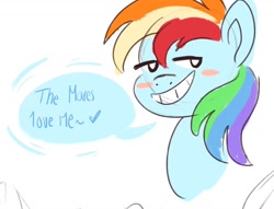 Size: 1732x1326 | Tagged: safe, artist:creaturedeer, rainbow dash, pegasus, pony, g4, blushing, bust, dialogue, female, grin, lesbian, lidded eyes, sketch, smiling, solo, speech bubble