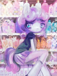 Size: 540x720 | Tagged: safe, artist:ieatedyuripizza, sweetie belle, unicorn, anthro, g4, clothes, detailed background, female, horn, photo, shirt, skirt, smiling, soap, solo