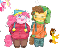 Size: 736x616 | Tagged: safe, artist:ieatedyuripizza, cheese sandwich, pinkie pie, earth pony, anthro, g4, clothes, cosplay, costume, crossover, duo, duo male and female, eric cartman, fat, female, kyle broflovski, male, pony reference, pudgy pie, ship:cheesepie, shipping, south park, straight