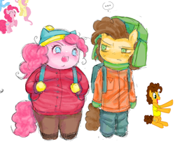 Size: 736x616 | Tagged: safe, artist:ieatedyuripizza, cheese sandwich, pinkie pie, earth pony, anthro, g4, clothes, cosplay, costume, crossover, duo, duo male and female, eric cartman, fat, female, kyle broflovski, male, pony reference, pudgy pie, ship:cheesepie, shipping, south park, straight, winter outfit