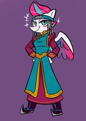 Size: 1240x1754 | Tagged: safe, artist:jully-park, zipp storm, pegasus, anthro, unguligrade anthro, g5, arm hooves, boots, clothes, deel, female, headband, mongolia, mongolian, purple background, shoes, simple background, smiling, solo, wings