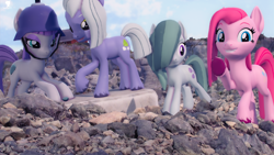 Size: 5120x2880 | Tagged: safe, artist:silkworm205, boulder (g4), limestone pie, marble pie, maud pie, pinkie pie, earth pony, pony, series:silkworm205's weekly artwork 2024, g4, 3d, colored eyebrows, download at source, downloadable, downloadable content, female, fluffy mane, fluffy tail, helmet, mare, model, pickelhaube, pie sisters, pinkamena diane pie, revamped ponies, rock, rock farm, siblings, sisters, smiling, source filmmaker, source filmmaker resource, tail, unshorn fetlocks, waving, waving at you