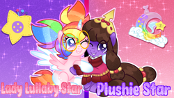 Size: 1920x1080 | Tagged: safe, artist:ladylullabystar, oc, oc only, oc:lady lullaby star, oc:plushie star, alicorn, earth pony, pony, colored wings, crown, duo, duo female, female, glasses, jewelry, mare, regalia, two toned wings, wings