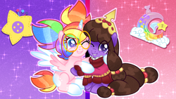 Size: 1920x1080 | Tagged: safe, artist:ladylullabystar, oc, oc only, oc:lady lullaby star, oc:plushie star, alicorn, earth pony, pony, colored wings, crown, duo, duo female, female, glasses, jewelry, mare, regalia, two toned wings, wings