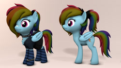 Size: 1920x1080 | Tagged: safe, artist:whiteskypony, rainbow dash, pony, g4, 3d, bandaid, bandaid on nose, choker, clothes, dress, rainbow goth, socks, solo, spiked choker, striped socks