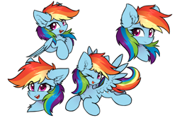 Size: 3000x2000 | Tagged: safe, artist:rejiser, rainbow dash, pegasus, pony, g4, backwards cutie mark, chest fluff, cute, dashabetes, ear fluff, female, floppy ears, flying, folded wings, looking at you, one eye closed, open mouth, raised hoof, simple background, smiling, smiling at you, spread wings, tail, tongue out, white background, wing fluff, wings, wink