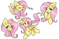 Size: 3000x2000 | Tagged: safe, artist:rejiser, fluttershy, pegasus, pony, g4, chest fluff, cute, daaaaaaaaaaaw, ear fluff, female, floppy ears, flying, looking at you, open mouth, raised hoof, shyabetes, simple background, smiling, smiling at you, spread wings, tail, white background, wings, yay