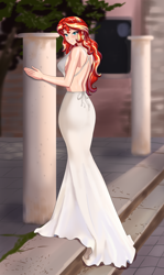 Size: 1146x1920 | Tagged: source needed, safe, artist:thebrokencog, sunset shimmer, human, equestria girls, g4, backless, backless dress, beautiful, beautiful eyes, beautiful hair, beautisexy, breasts, bust, busty sunset shimmer, cog's glamour girls, commission, ear piercing, earring, female, humanized, jewelry, looking at you, piercing, portrait, sideboob, smiling, smiling at you, solo, stupid sexy sunset shimmer, white dress