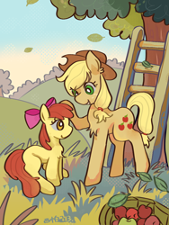 Size: 1080x1440 | Tagged: safe, artist:西帕west_hippa, apple bloom, applejack, earth pony, pony, g4, apple, apple sisters, apple tree, blank flank, bucket, female, filly, foal, food, head pat, ladder, leaf, mare, pat, siblings, sisters, smiling, stairs, tree