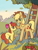 Size: 1080x1440 | Tagged: safe, artist:西帕west_hippa, apple bloom, applejack, earth pony, pony, g4, apple, apple sisters, apple tree, blank flank, bucket, female, filly, foal, food, head pat, ladder, leaf, mare, pat, siblings, sisters, smiling, stairs, tree