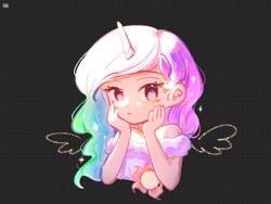 Size: 2160x1620 | Tagged: safe, artist:sixbingxue, princess celestia, human, g4, female, hands on cheeks, horn, horned humanization, humanized, looking at you, patterned background, solo, wings, younger