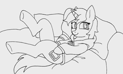 Size: 1385x829 | Tagged: safe, ai assisted, ai content, oc, oc only, oc:littlepip, pony, unicorn, fallout equestria, clothes, female, gray background, hoodie, hooves, horn, mare, simple background, sketch, smiling, solo