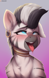 Size: 2215x3486 | Tagged: safe, artist:drawalaverr, zecora, zebra, g4, ahegao, blushing, bust, commission, drool, drool string, ear piercing, earring, fanart, female, gold, gradient background, jewelry, looking up, mare, neck rings, one ear down, open mouth, piercing, portrait, silly, silly face, solo, stripes, tongue out, ych result