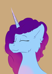 Size: 2480x3508 | Tagged: safe, artist:ollie sketchess, misty brightdawn, pony, unicorn, g5, brown background, eyes closed, female, floppy ears, freckles, horn, mare, multicolored hair, rebirth misty, simple background, solo